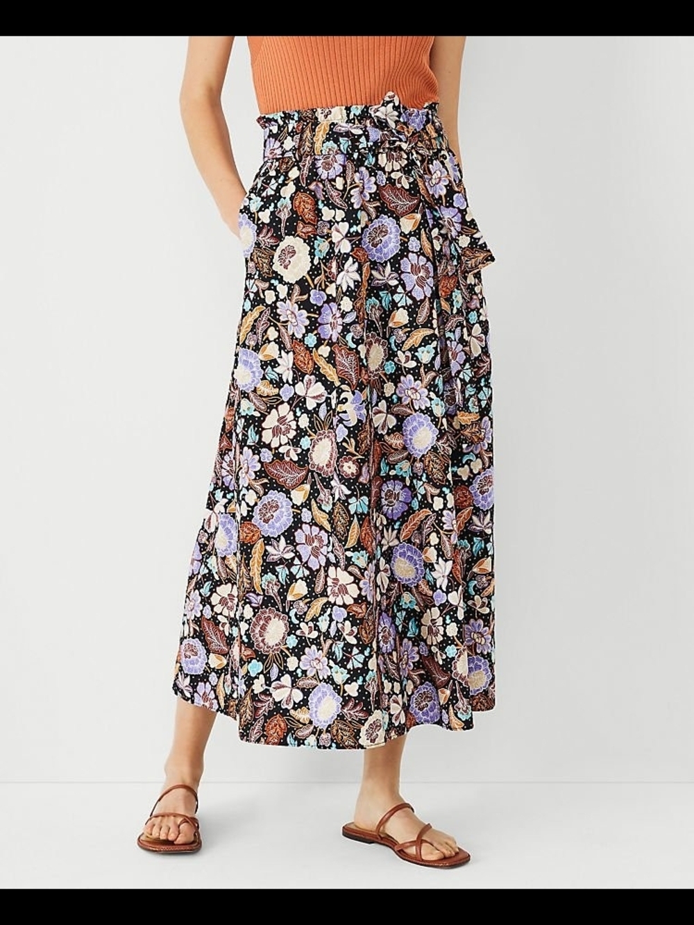 Ann Taylor Black Floral Maxi Skirt with Lavender & Tan Accents